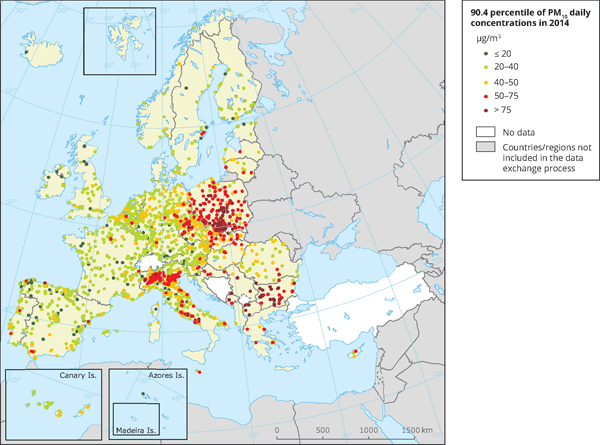 PM10-Konzentration in Europa - Karte