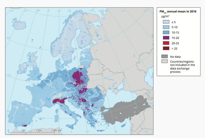 Europa-Karte der PM2,5-Luftverschmutzung