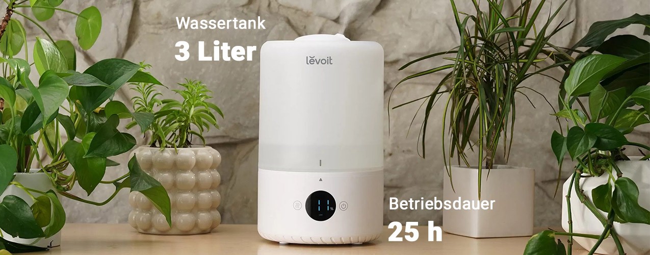 Luftbefeuchter Levoit Dual 200S zwischen Zimmerpflanzen