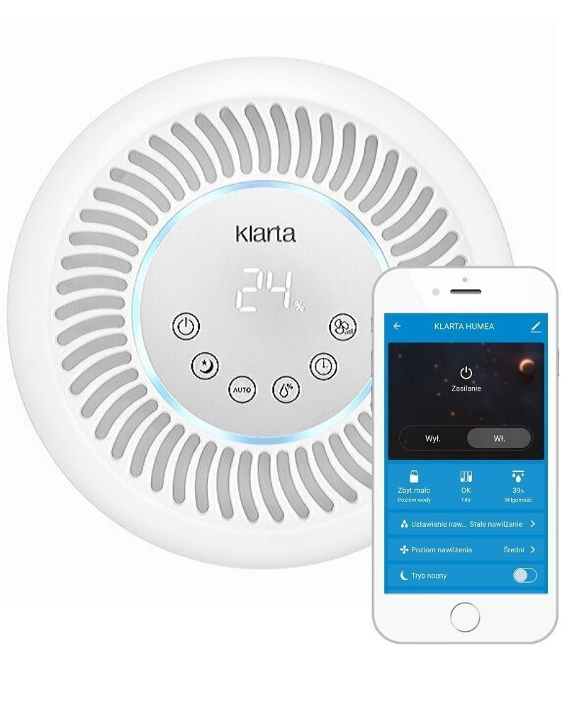 Display des Klarta Humea WiFi Luftbefeuchters und Mobile App für Smartphones